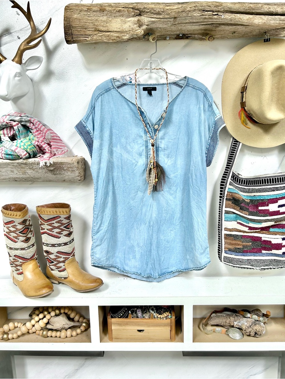 J. Crew TIE DYE Light Blue Denim-Look blouse w cottagecore prairir vibe